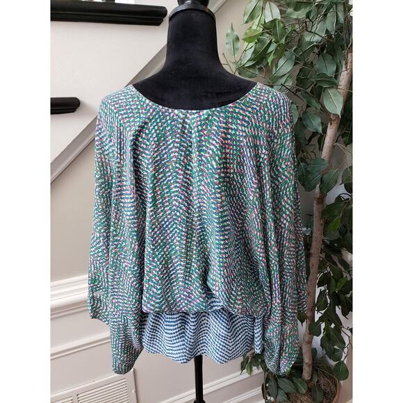 CAbi Tunic Top Womens Medium Multi Printed Arts Sheer Kimono Sleeve Tie Waisted - Picture 4 of 12